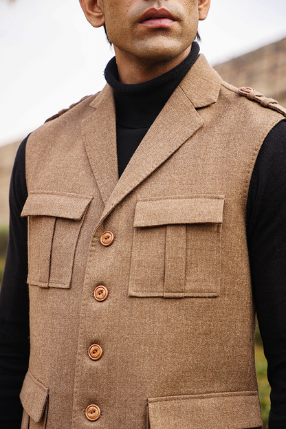 Beige Notch Lapel Merino Wool Half Jacket