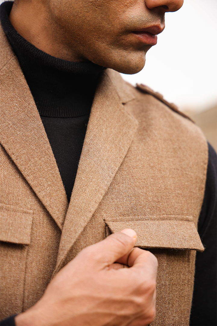 Beige Notch Lapel Merino Wool Half Jacket