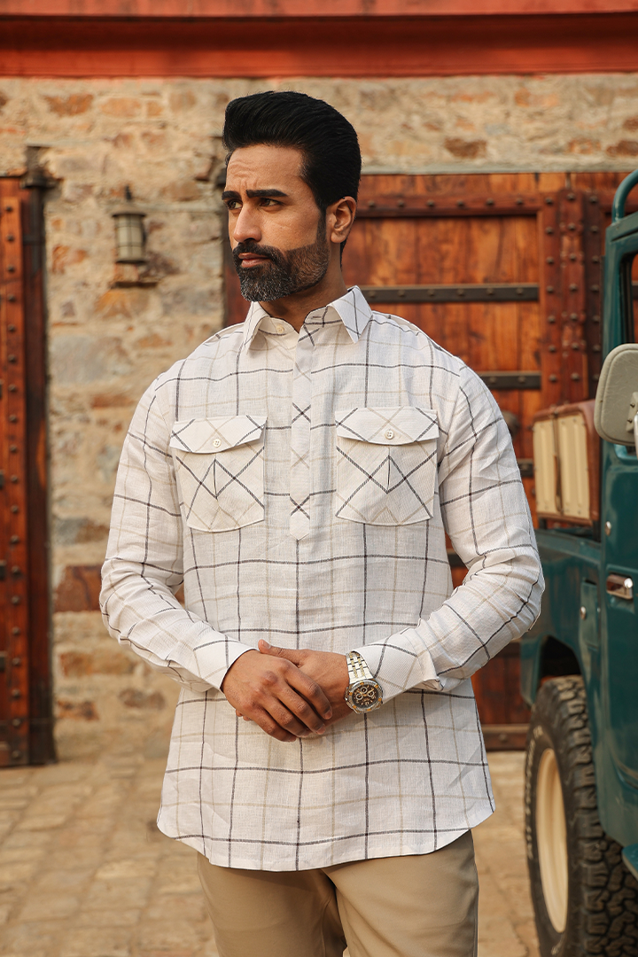 Beige Signature Multicoloured Big Checkered Linen Kurta Shirt