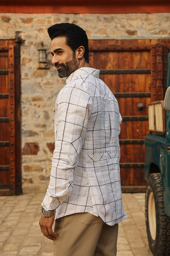 Beige Signature Multicoloured Big Checkered Linen Kurta Shirt