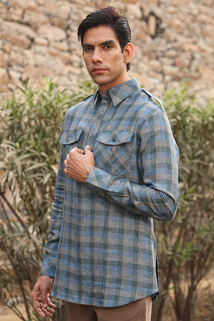 Blue Signature Contrast Checkered Kurta Shirt
