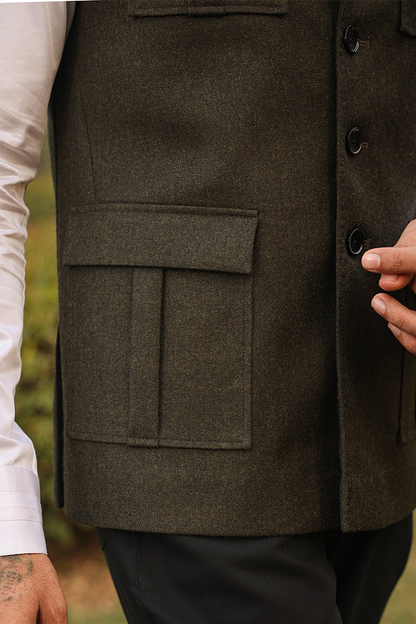 Olive Notch Lapel Merino Wool Half Jacket