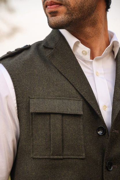 Olive Notch Lapel Merino Wool Half Jacket