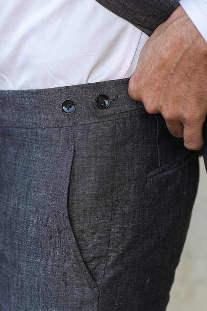 Grey Flap Button Bottom Linen Pants