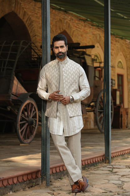 Beige Front Button Linen Kurta
