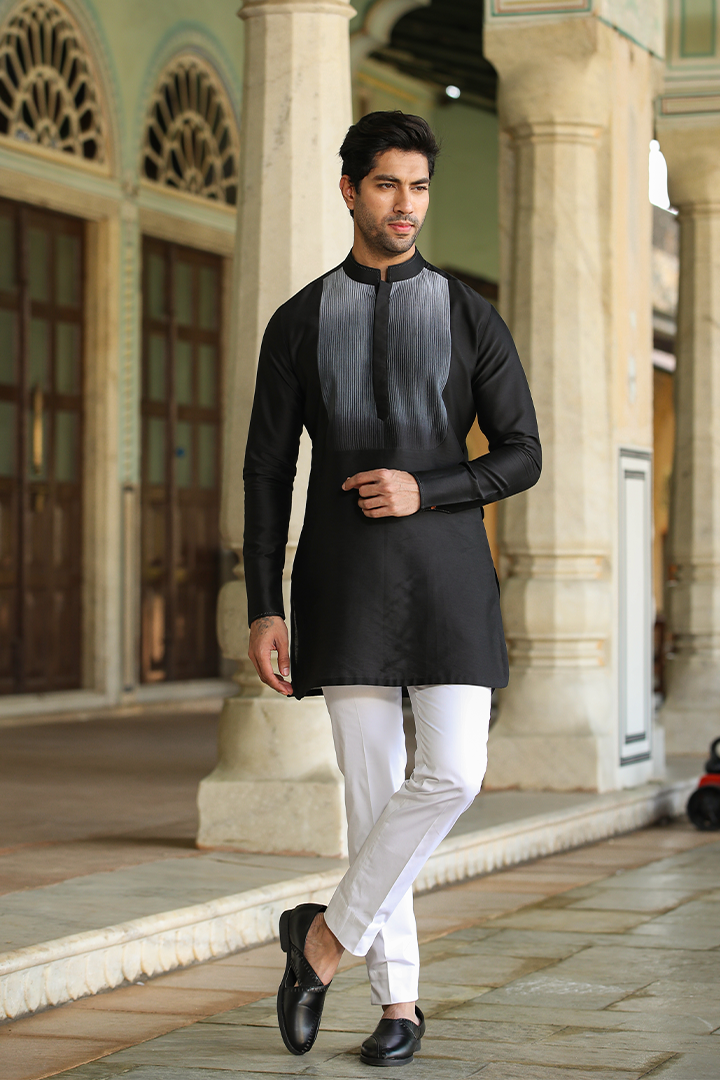 Black Pintuck Ombré Silk Kurta