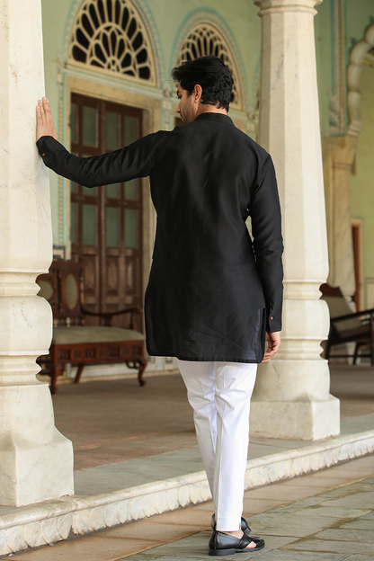 Black Pintuck Ombré Silk Kurta