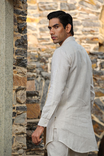 Cream Front Button Linen Kurta