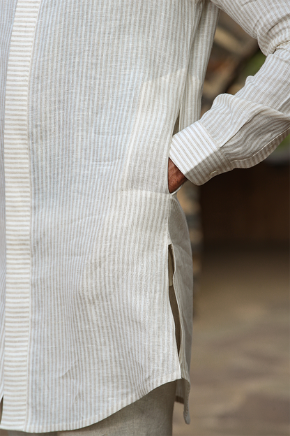 Cream Front Button Linen Kurta