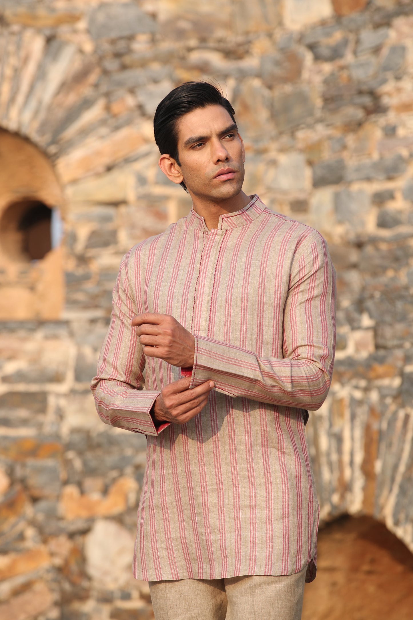 Red Checkered Bandi & Striped Kurta Set