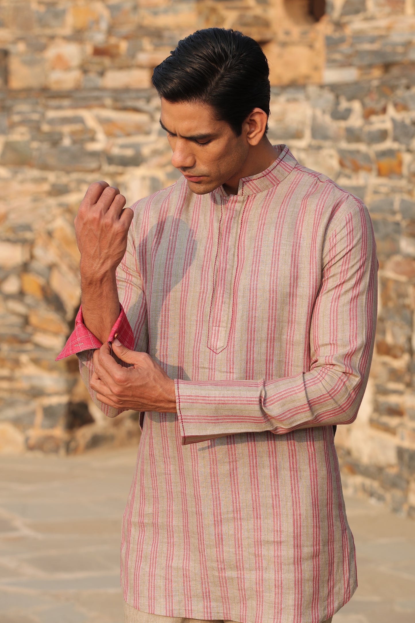 Red Checkered Bandi & Striped Kurta Set