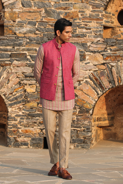 Red Checkered Bandi & Striped Kurta Set