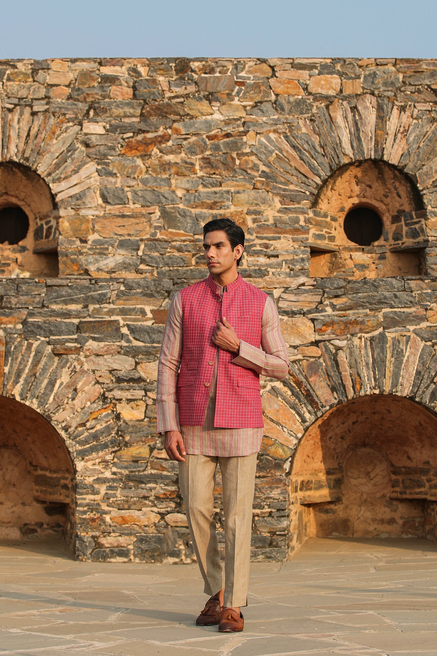 Red Checkered Bandi & Striped Kurta Set